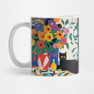 Black Cat Modern Still Life Painting Flowers in Red and White Geometric Vase Mug